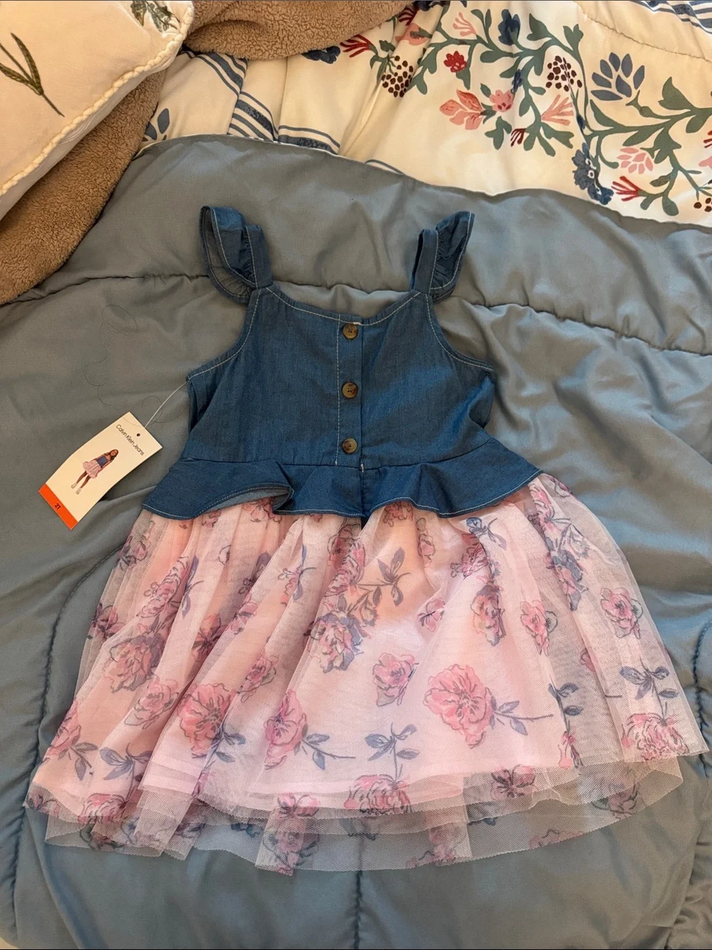 Calvin Klein Blue Denim Bodice with Pink Floral Tulle Dress